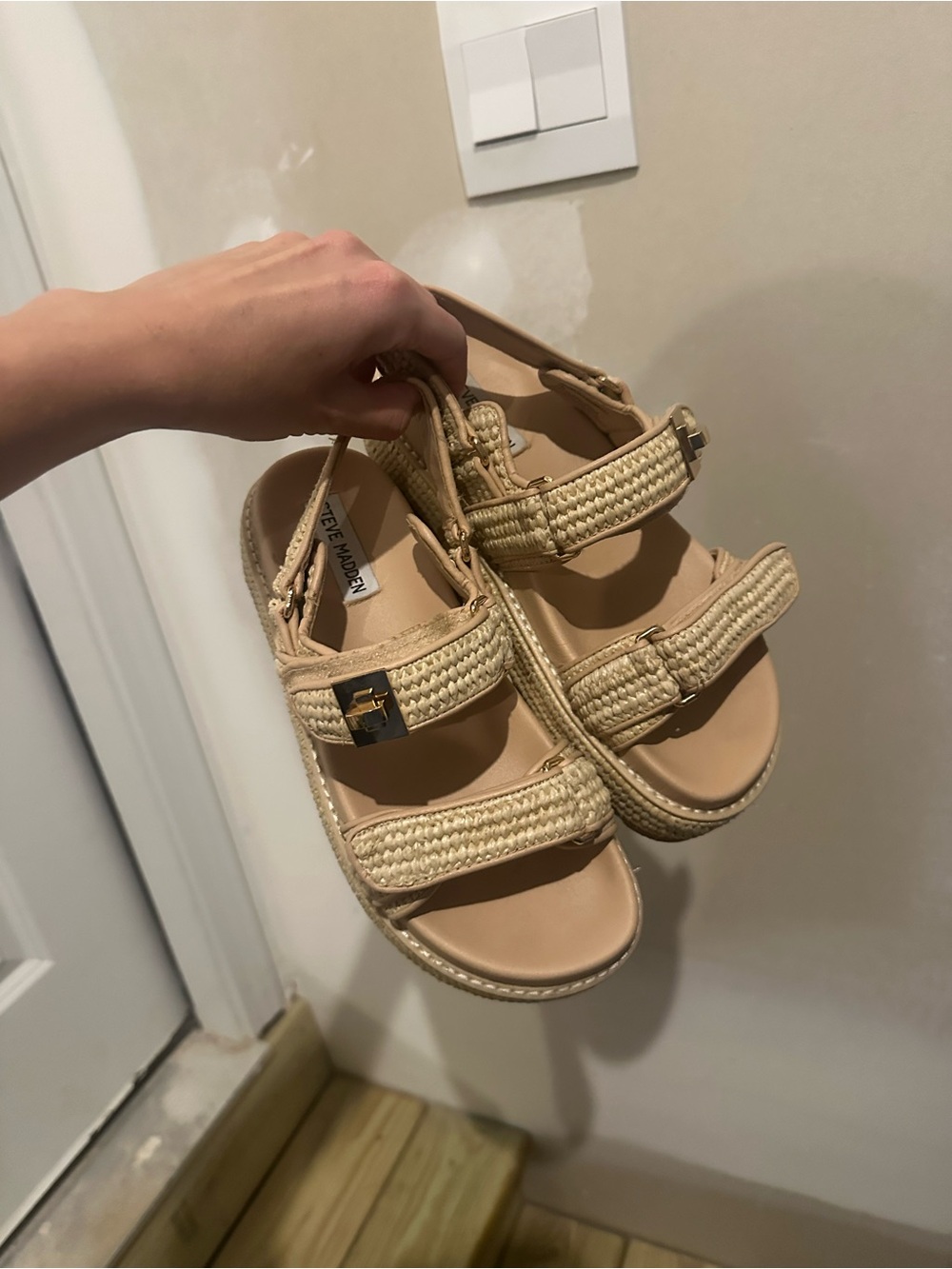 Steve Madden Tan Woven Double-Strap Platform Sandals